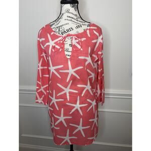 West Indies Short Cover Up Dress Small Coral With White Starfish 3/4 Sleeves